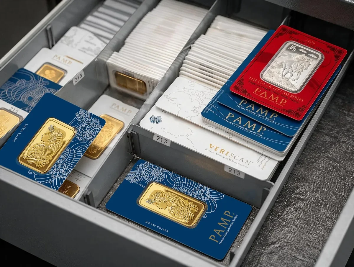 Gold and silver bars, including assay-card packaging
