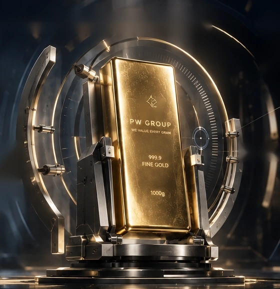 Concept artwork: a gold ingot with the original PW GROUP mark in a cinematic vault